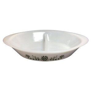 Vintage Glasbake Divided Casserole Serving Dish White Green Crazy Daisy